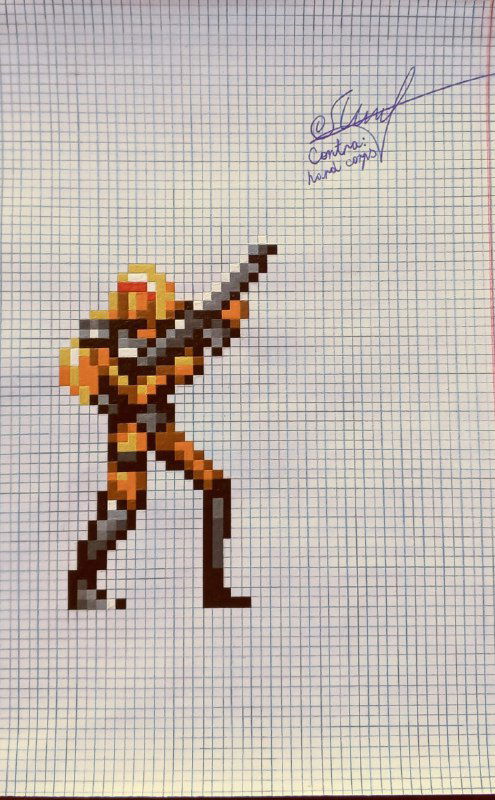 Скан пиксель-арт рисунка: стройный персонаж с оружием в боевой стойке, выполнен в ретро-стиле на клетчатой бумаге с автографом.