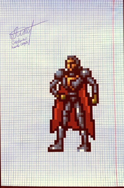 Скан пиксель-арт рисунка: персонаж в красном плаще и броне, эстетика 16-битных игр Contra: Hard Corps, заметна подпись автора на листе.