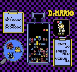 Скриншот Dr. Mario: поле с падающими таблетками, справа табло с уровнем и скоростью, характерный интерфейс головоломки NES в пиксельном стиле.