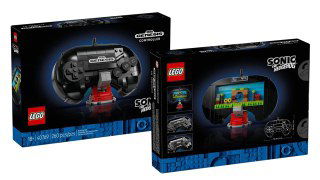 Упаковка и презентационный вид набора LEGO Sonic: две коробки с изображением собранного контроллера и сцены, фирменная синяя полоса и логотип Sonic the Hedgehog на коробке.