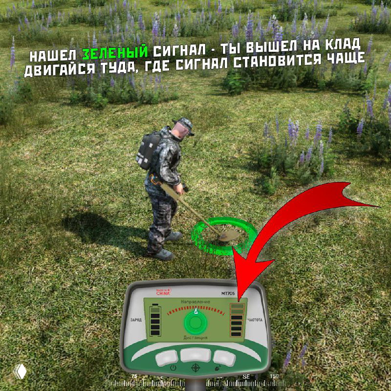 Игрок в лесистой местности наклоняется над прибором, показан зелёный сигнал на дисплее и визуальная подсказка к кладу.