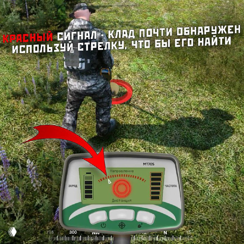 Крупный план дисплея металлоискателя с красным сигналом и стрелкой, указывающей направление к кладу; игрок рядом готов копать.