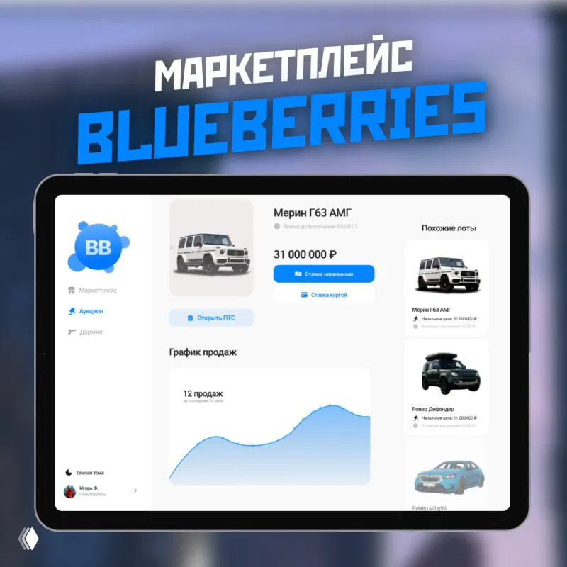 Скриншот интерфейса маркетплейса Blueberries в RMRP: планшет с карточками авто, ценами, графиком продаж и элементами UI в игровом магазине сообщества.