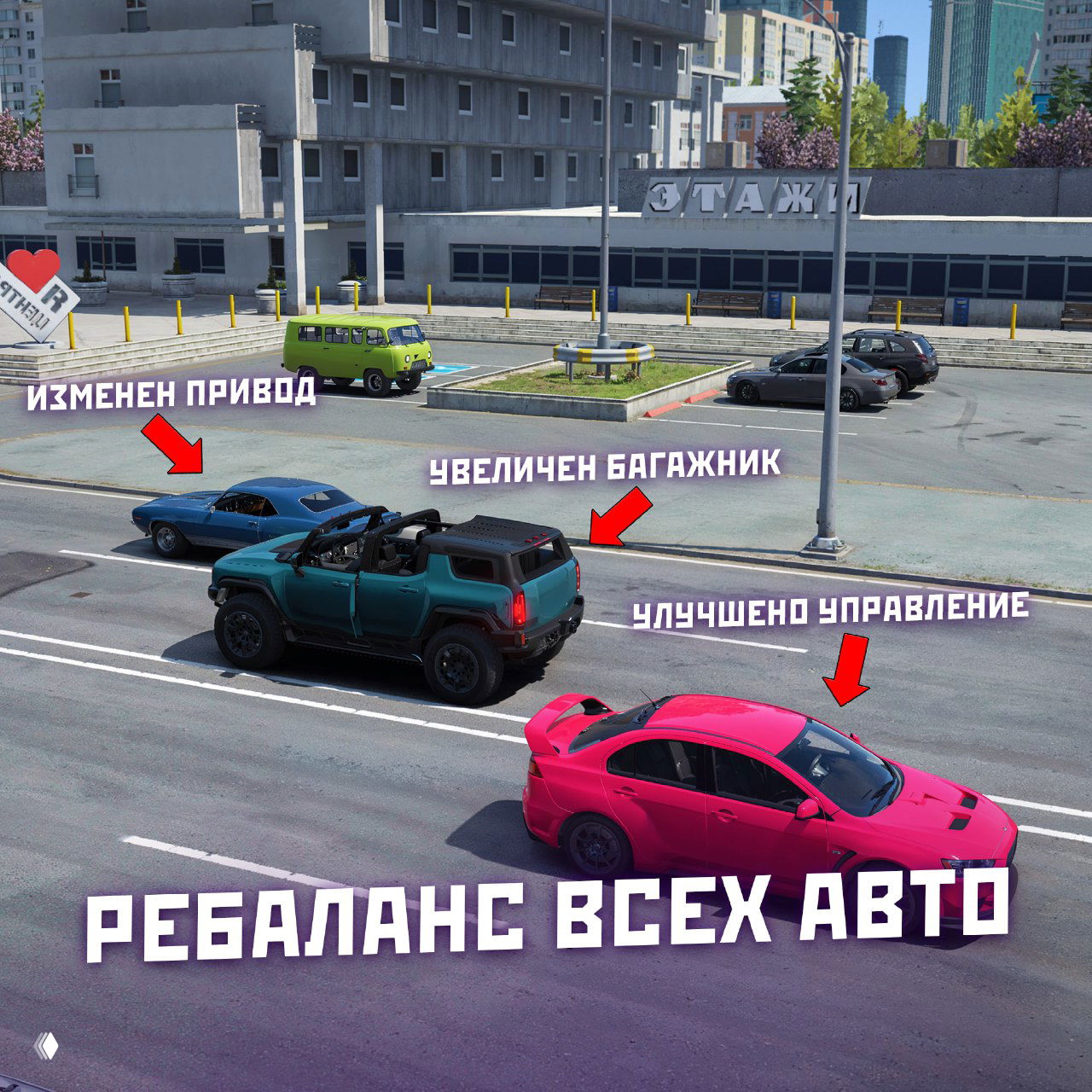 Скриншот из GTA 5 RP с несколькими машинами на парковке, стрелки и подписи показывают изменения: увеличен багажник, улучшено управление, изменён привод.