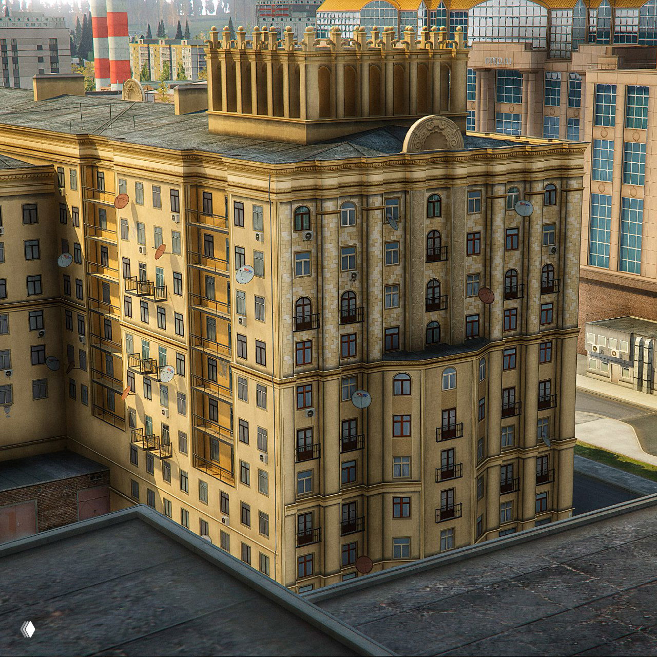 Крупный план жилого дома в модуле карты: фасад с балконами, спутниковыми тарелками и детализацией, показывающей внимание к архитектуре.