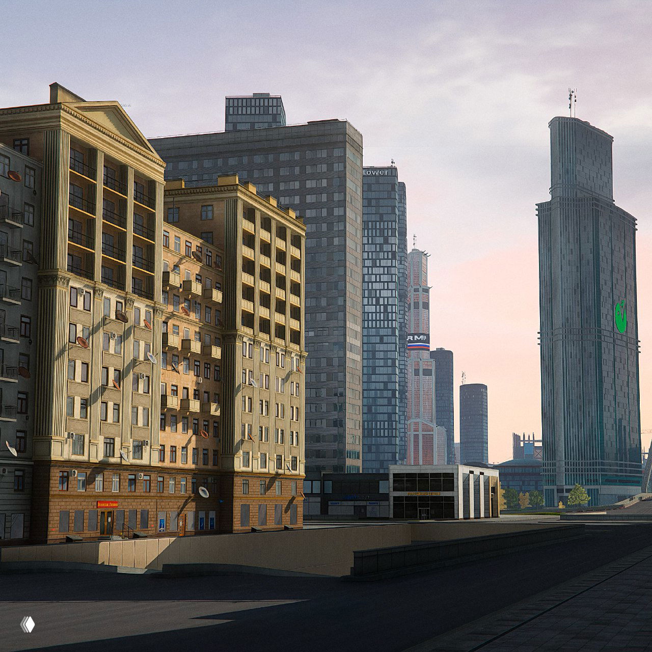 Городской пейзаж: жилые дома на фоне современных высоток, демонстрирующий сочетание классической застройки и новых объектов на карте.