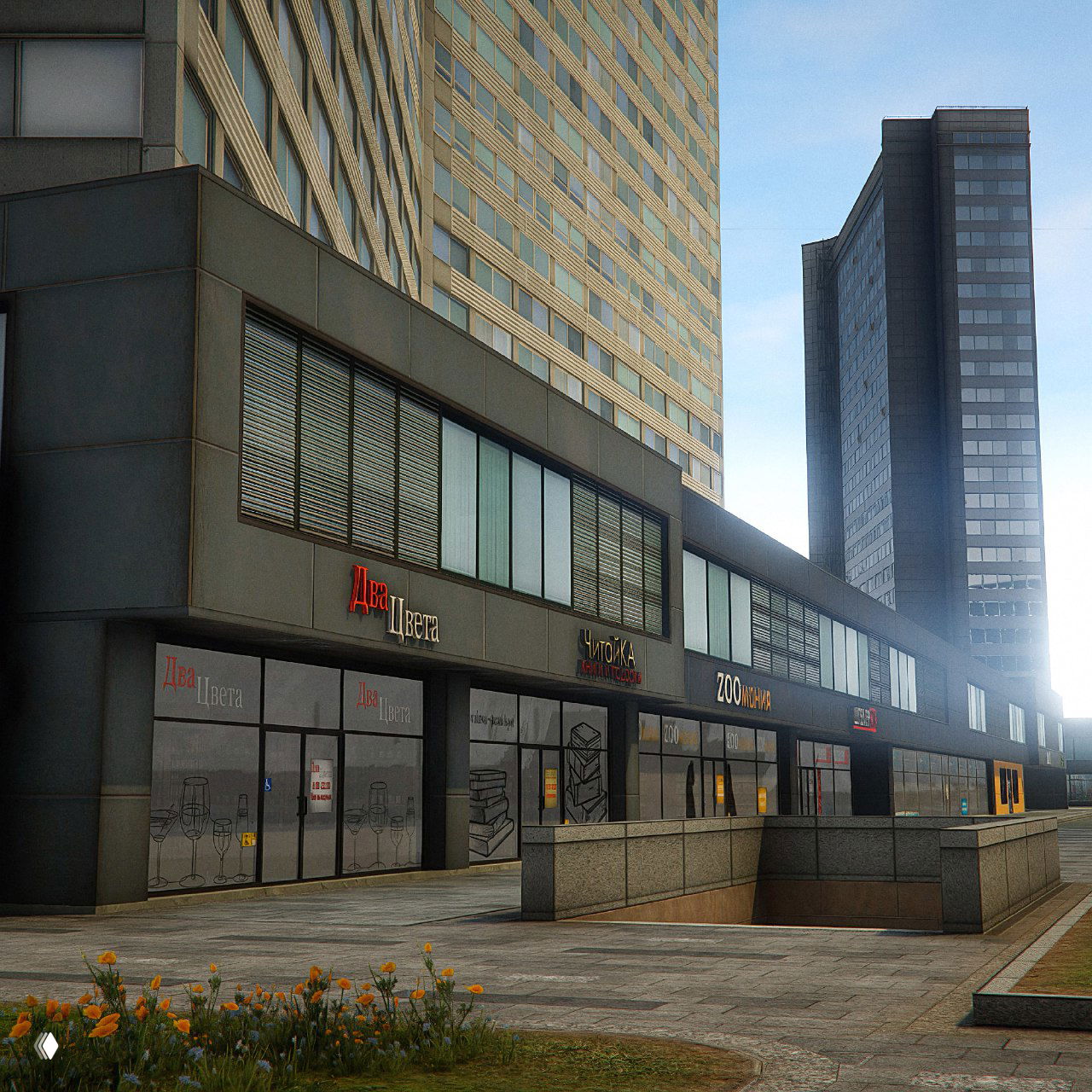 Низкий ракурс торгового ряда с вывесками магазинов, входами и тротуаром — пример внимания к улицам и коммерческим фасадам в обновлении.