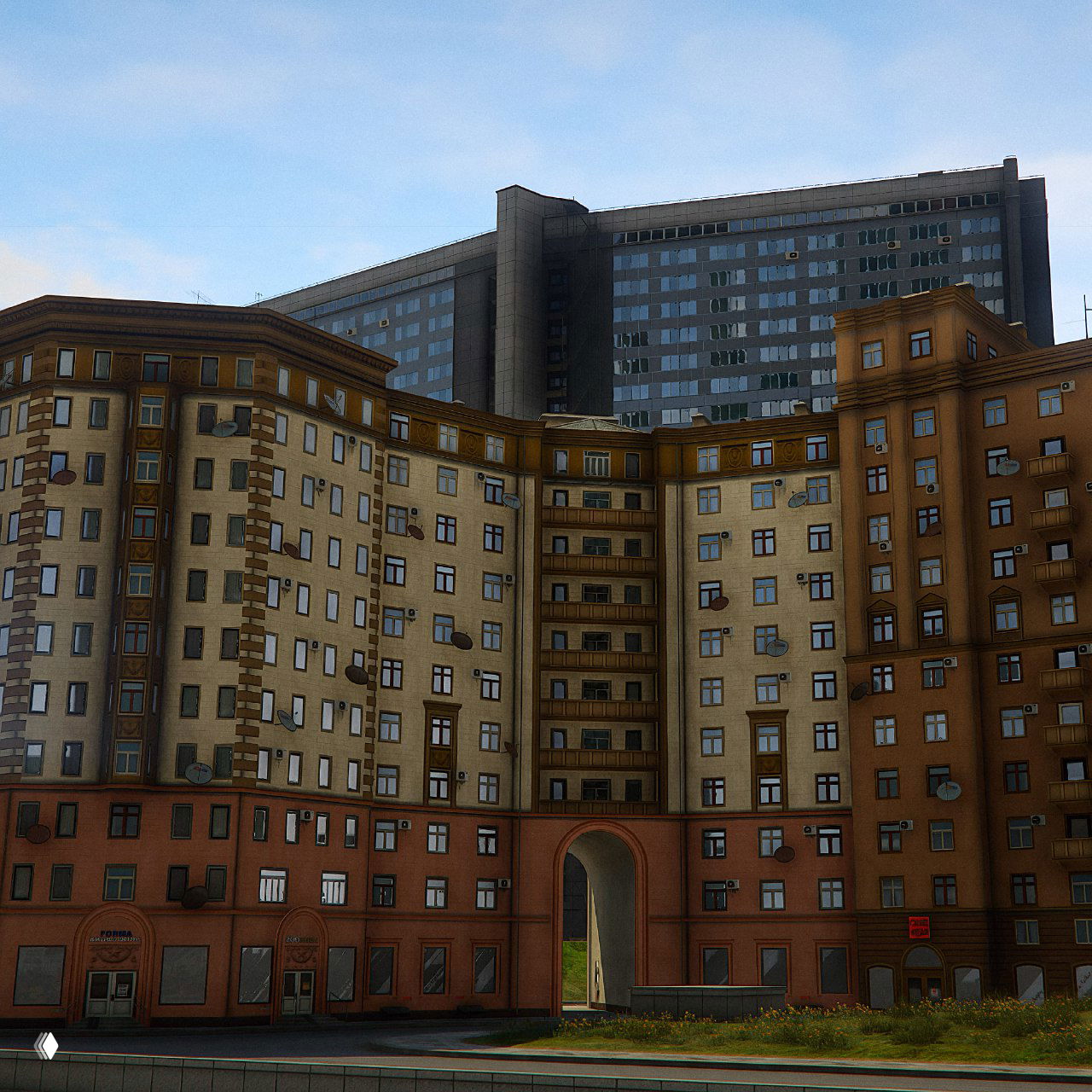 Изогнутый фасад многоэтажного корпуса с аркой и подворьем — пример масштабной жилой архитектуры, включённой в центр карты.