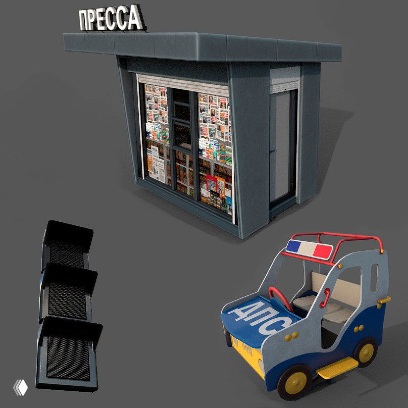 Коллаж ассетов: газетный киоск, детская машинка и пластиковые стойки — набор мелких объектов для оживления улиц в RMRP.