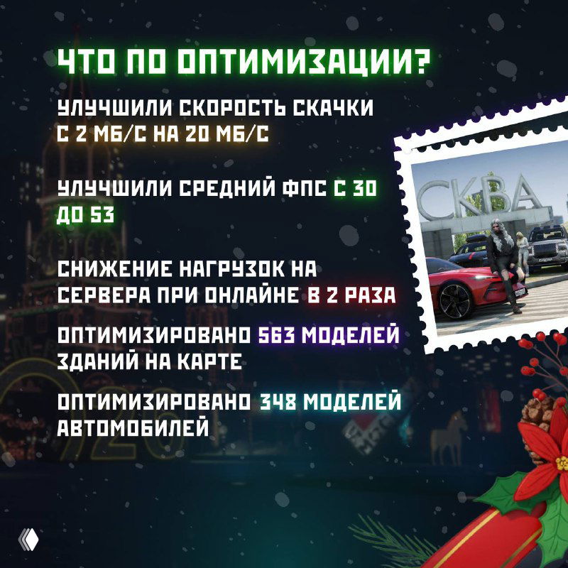 Инфографика «Что по оптимизации?» с улучшением скорости скачки, увеличением среднего FPS и снижением нагрузки на сервер в 2 раза.