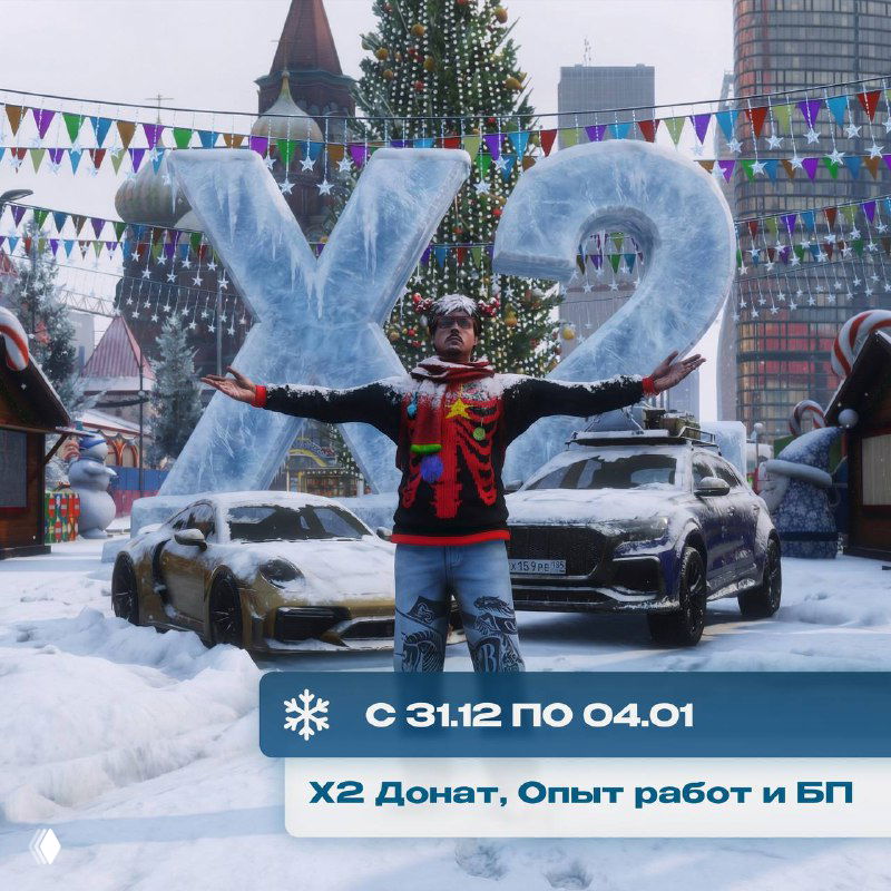 Фотоколлаж с новогодней площадью, ёлкой и игроком на фоне букв X2 — пост о периоде действия бонусов и праздничных ивентов в RMRP.