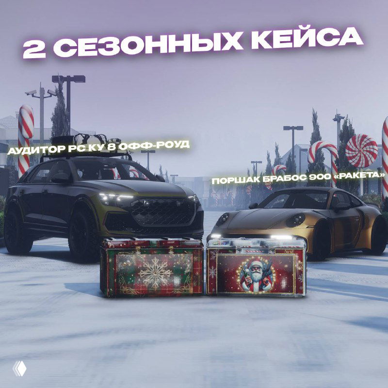 Изображение с двумя сезонными кейсами на фоне внедорожника и спортивного автомобиля — иллюстрация новых кейсов с RS Q8 Off-road и Поршаком 900 «Rocket».