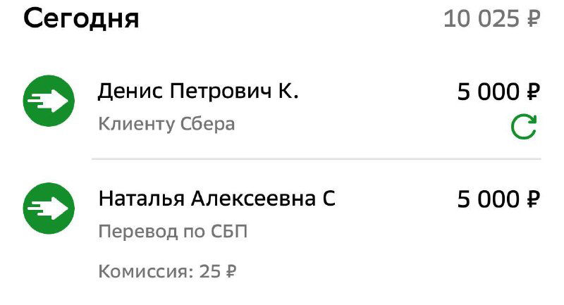 Скриншот списка сегодняшних выплат: видны три транзакции суммарно около 10 025 ₽ с пометками получателей и суммами выплат