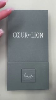 Серый подарочный футляр с крупным логотипом COEUR de LION, аккуратно держат в руках — упаковка брендовых украшений крупным планом.