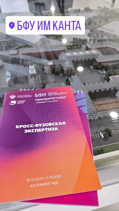 Макет кампуса БФУ и брошюра мероприятия «Кросс‑вузовская экспертиза» с фиолетово‑оранжевым оформлением, снимок сделан на столе экспозиции.