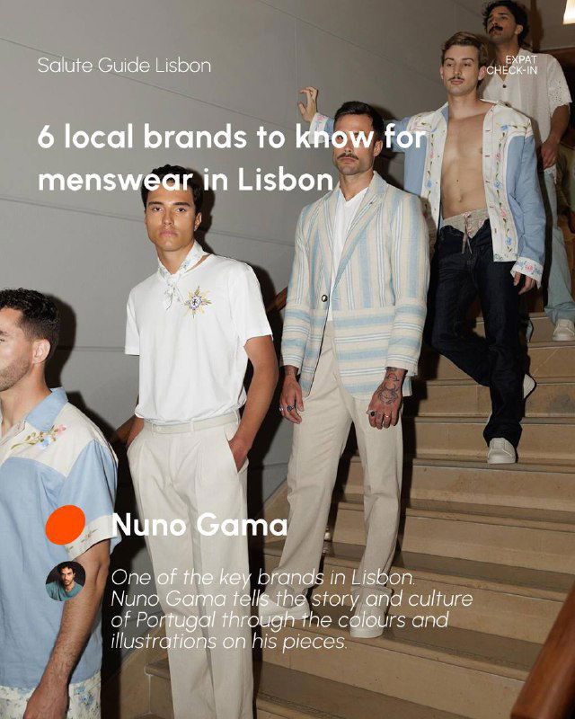 Runway-style photo of multiple male models in light-coloured suits on stairs, an editorial image promoting Lisbon local menswear labels.