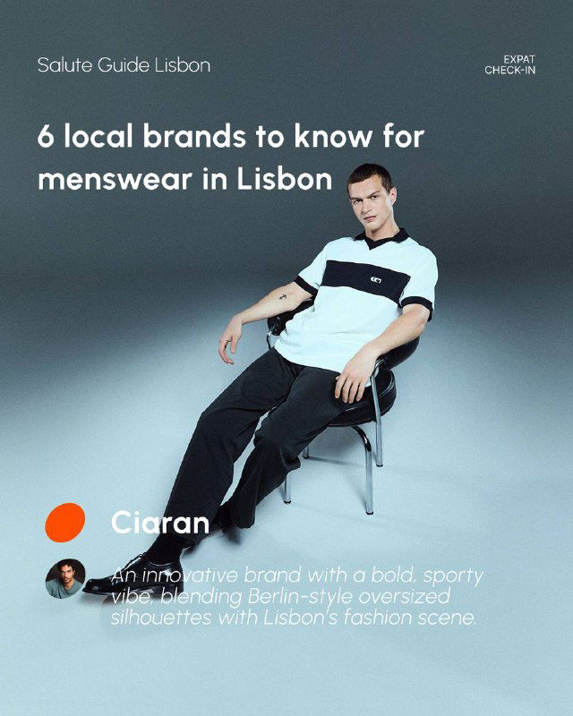 Studio shot of a seated male model in a casual polo and dark trousers, minimalist set with overlay text referencing Lisbon menswear labels.