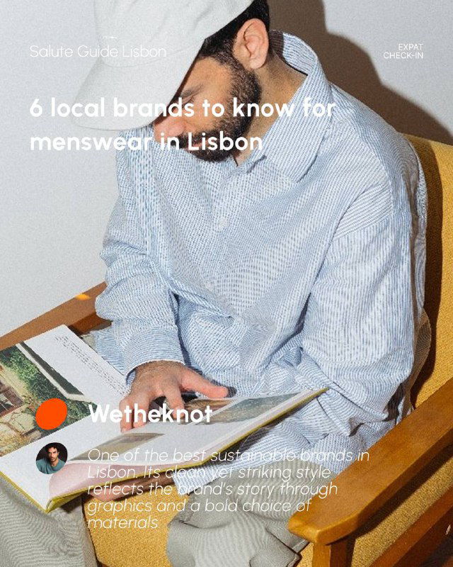 Casual editorial photo of a man in a cap and striped shirt reading a magazine indoors, warm styling and text overlay about Lisbon menswear.