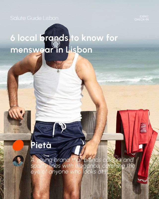 Beachside photograph of a man in swim shorts and a tank top with the ocean behind him, editorial overlay promoting Portuguese menswear labels.