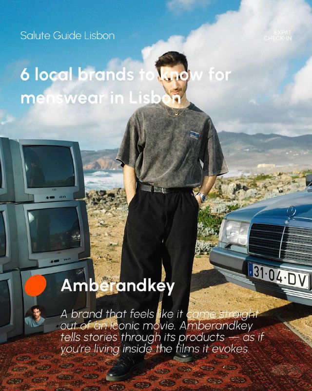 Street-style photo of a man in a grey sweatshirt and black trousers standing beside a parked car, editorial overlay about Lisbon's menswear scene.