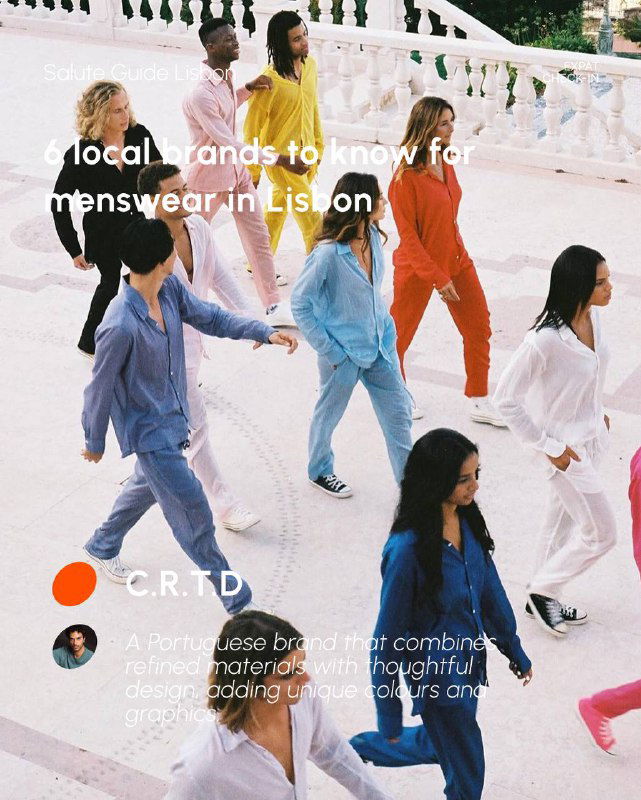 Group shot of people walking in colourful tailored and casual outfits on city steps, energetic editorial image for the Lisbon menswear feature.