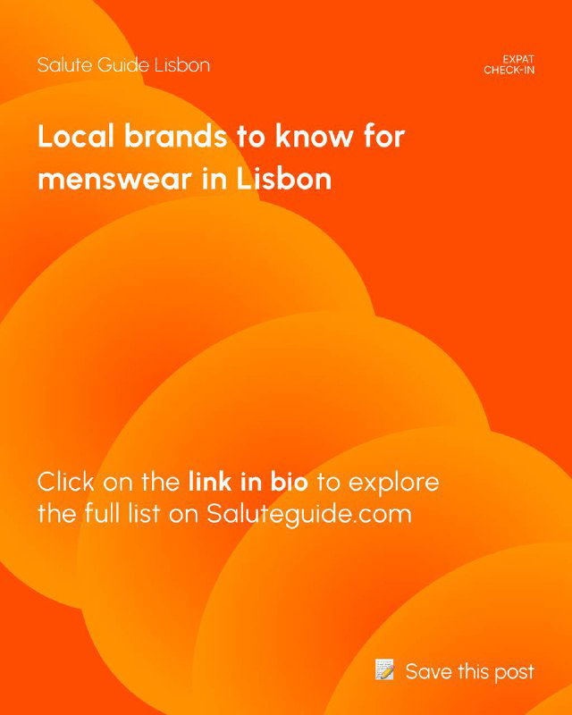 Bright graphic promotional slide with orange abstract shapes and white overlay text inviting readers to explore the full list of menswear brands.