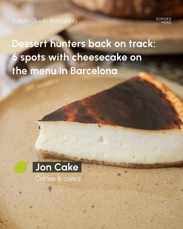 Close-up of a burnt-top Basque-style cheesecake slice on a plate, with textured crust and a rustic café background in Barcelona.