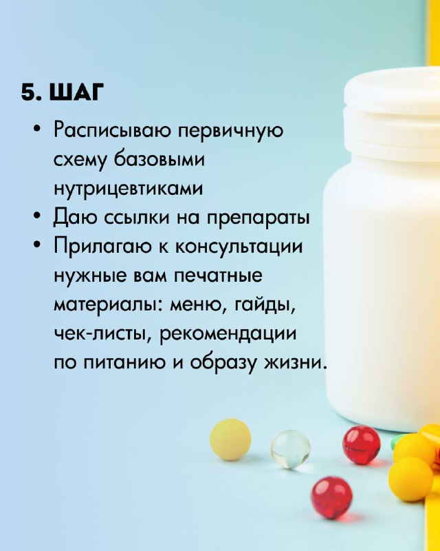 Слайд с пунктами услуги: список того, что получает пациент — базовая схема, ссылки, чек‑листы и рекомендации; фон с банкой таблеток.