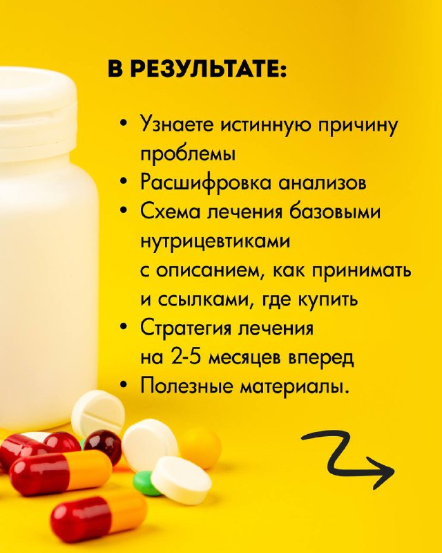 Жёлтый слайд с результатами: пункты о причинах, расшифровке анализов и стратегии лечения; декоративные иконки медицинских символов и таблетки.