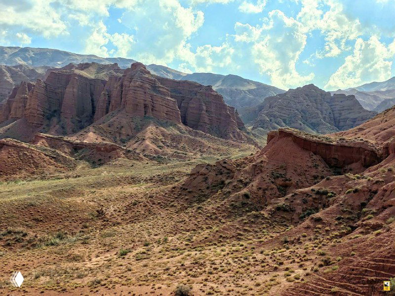 Панорама каньона с извилистым рельефом и горными отрогами вдали; пустынная растительность внизу.