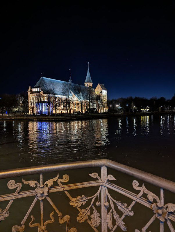 Кафедральный собор на острове Канта вечером, отражение огней в воде реке и декоративная ограждающая решетка на переднем плане.