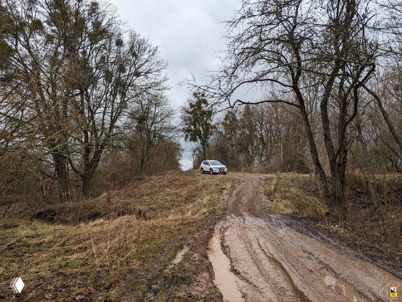 Арендованный кроссовер на грязной просёлочной дороге возле шлюза; вокруг — голые деревья, болото и следы распутицы в конце зимы.
