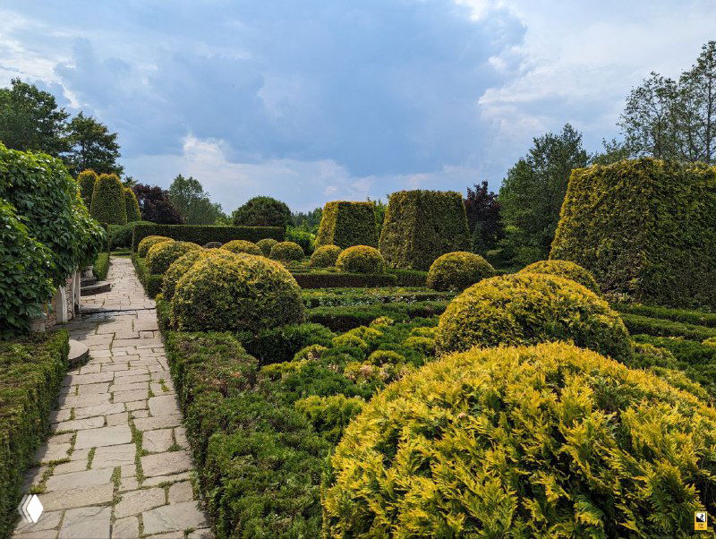 Низкие живые изгороди и круглые кусты на фоне неба в усадебном саду Ореховно — пейзаж с акцентом на форму и текстуру зелени.