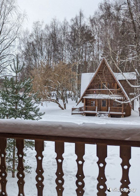 Вид на деревянный домик парка-отеля Берендеевка с террасы: заснеженный пейзаж, ели и уютное крыльцо сруба у озера.