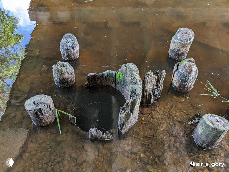 Круглая конструкция из чёрной гниющей доски в мелкой заводи или колодце, видны торчащие брусья и вода внутри старого соляного сооружения.