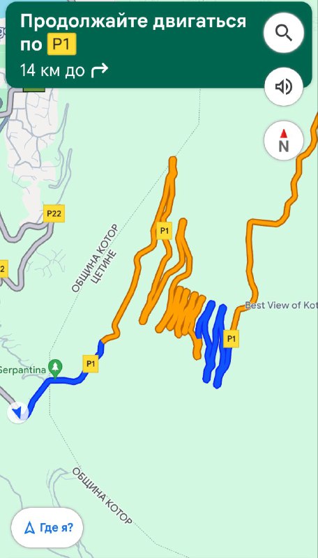 Скриншот карты и трека серпантина с пометками маршрута — визуализация извилистой однополосной дороги на подступах к Ловчену.