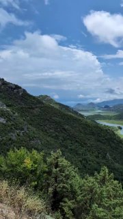 Вертикальный кадр горного склона и плёса озера: хвойные деревья в переднем плане и лёсный склон, уходящий в воду.