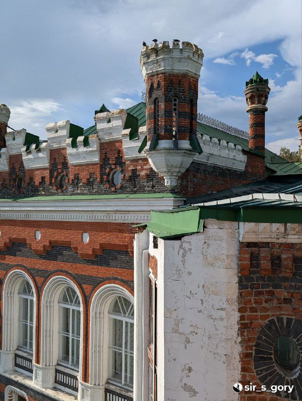 Крыша и зубчатые башенки усадьбы, вид сверху на каменные парапеты и элементы дымоходов; архитектурные контрфорсы и чередование кирпичных полос.