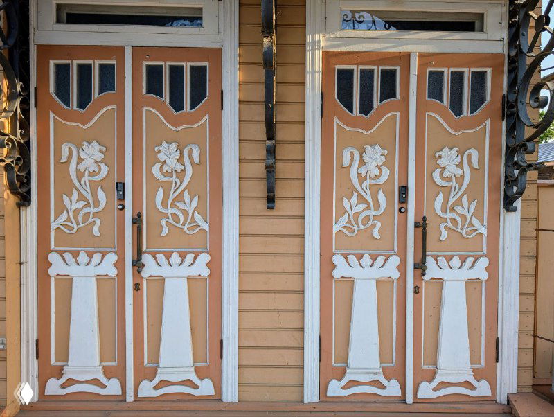 Деревянные двери с резными узорами на входе одного из домов Вологды — пример декоративного оформления входных групп в исторической застройке
