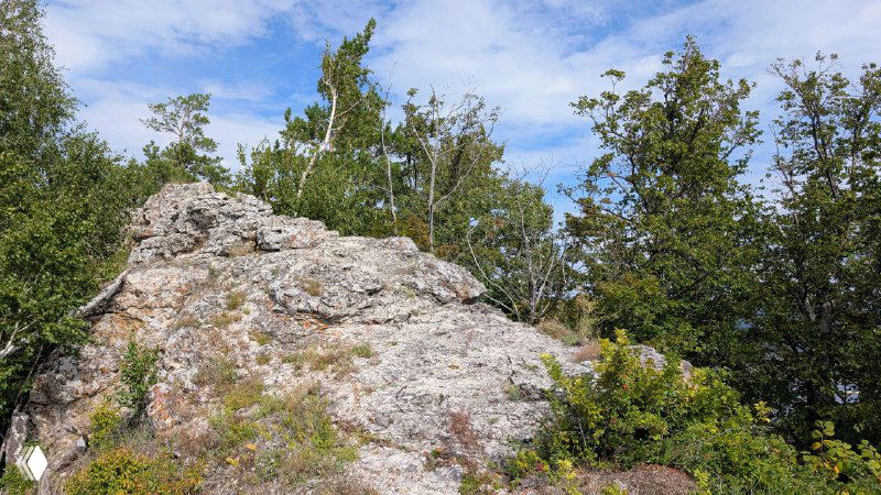 Крупный план каменистого обнажения на склоне и молодого леса позади, типичная каменная формация в заповедной части Жигулей рядом с тропой.