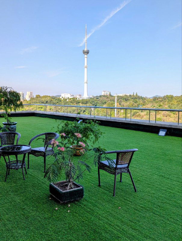 Зелёная лаундж-зона на крыше Триумфальной арки: искусственный газон, кресла и цветочные композиции с видом на город и телебашню.