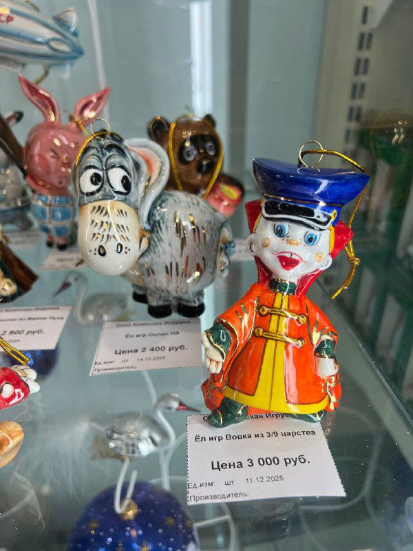 Витрина с коллекционными ёлочными игрушками — клоун, сова и другие фигурки; ценники в рублях видны за стеклом, макро-кадр изделий фабрики.