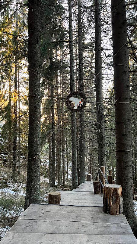 Настил между высокими соснами, информационный стенд археологического городища Паасо и аккуратная деревянная ограда на тропе.