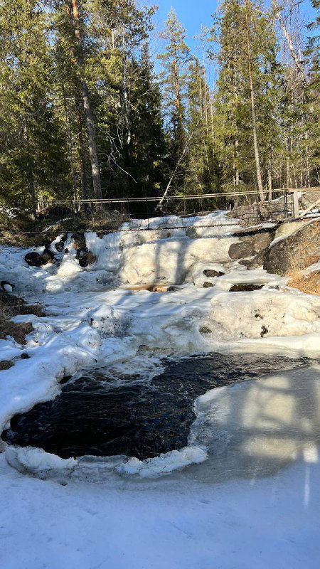 Маленькие замёрзшие водопады и лесистая береговая полоса, камни, покрытые льдом и снегом, в тёплом свете низкого солнца, походная тропа рядом.