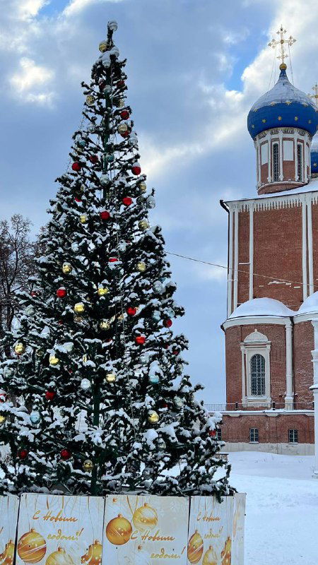 Большая украшенная новогодняя ёлка на фоне старинного храма с синей купольной крышей, зимний праздничный пейзаж Рязани.