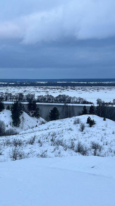 Зимний панорамный вид с возвышенности в Константиново: поле, река и далёкий горизонт под насыщенным серо-голубым небом.