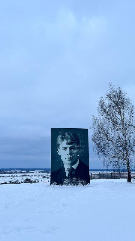 Большой портрет Сергея Есенина на открытой снежной площадке: чёрно-белое изображение поэта на фоне заснеженного поля.