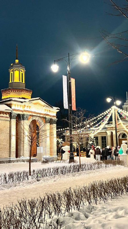 Ночная улица с гирляндами и освещённым зданием в Рязани; зимняя пешеходная зона и праздничная подсветка.
