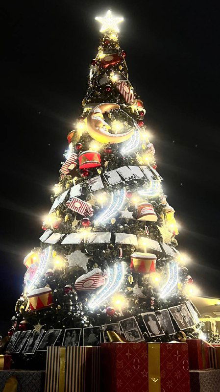 Большая украшенная ёлка на праздничной площади Рязани, игрушки и световые элементы на фоне ночного неба.