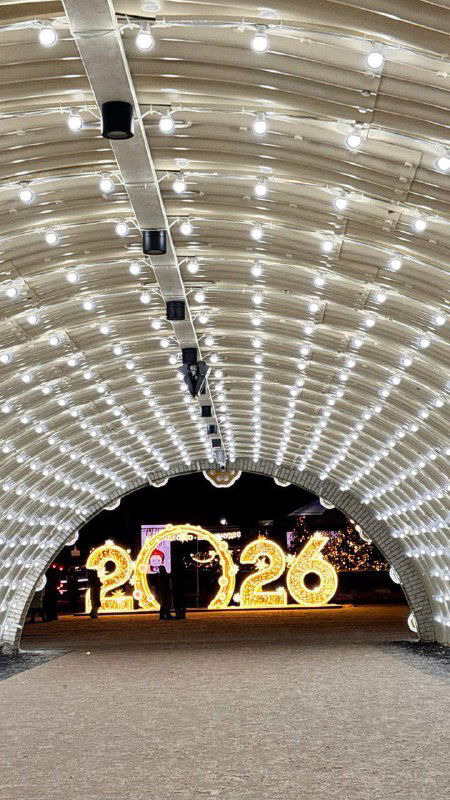 Пешеходный тоннель из световых гирлянд с цифрой 2026 в конце; яркая праздничная инсталляция в центре города.